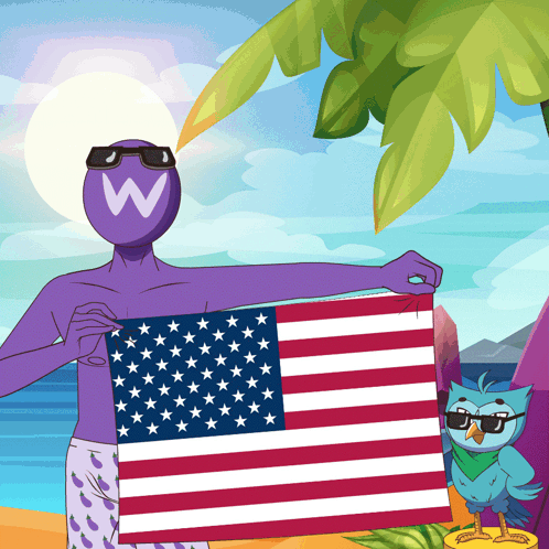 Purple Cartoon Character Holding American Flag GIF