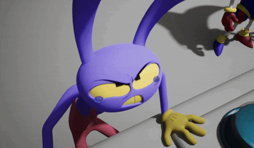 Purple Cartoon Character Reaching for Blue Button with Yellow Hand