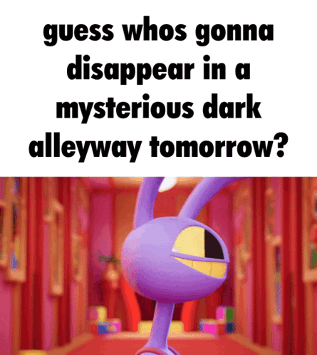 Purple Cartoon Character Standing in Dark Alleyway Tomorrow