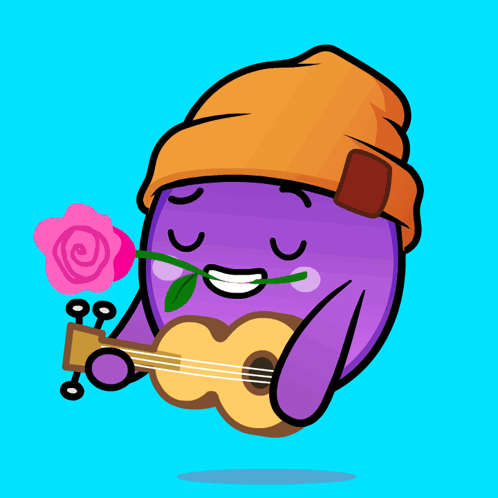 Purple Cartoon Holding Rose Playing Guitar