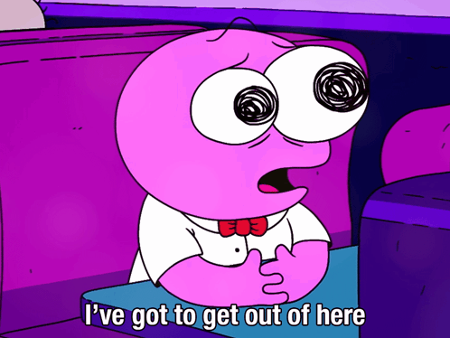 Purple Cartoon Saying I've Got To Get Out Of Here GIF