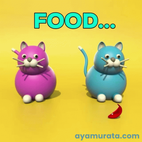 Purple Cat and Blue Cat Standing With Saying Food