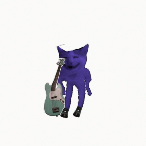 Purple Cat Holding Guitar in Mouth
