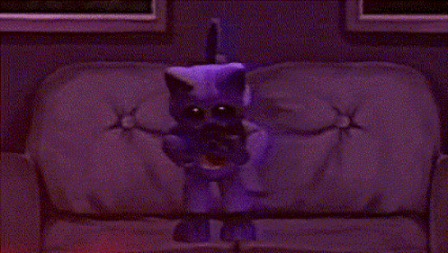 Purple Cat Standing on Couch Holding Crescent Moon