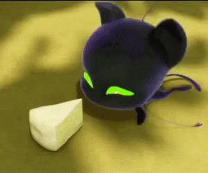 Purple Cat with Green Eyes Eating Cheese