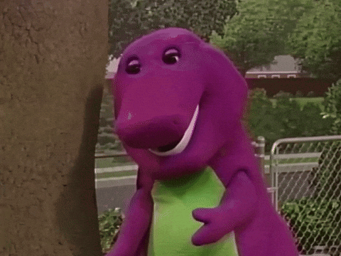 Purple Dinosaur Laughing Beside Tree GIF