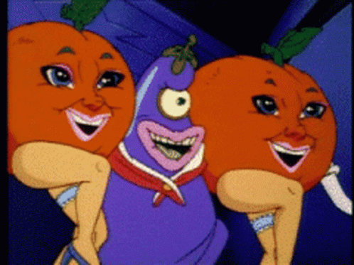 Purple Eggplant and Two Oranges With Faces