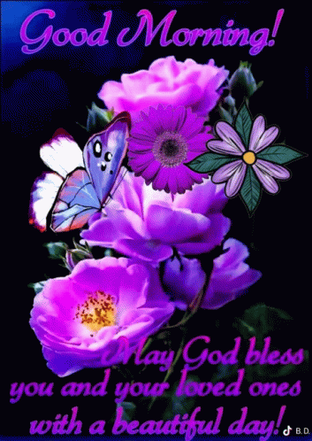 Purple Flowers And Butterfly May God Bless You GIF