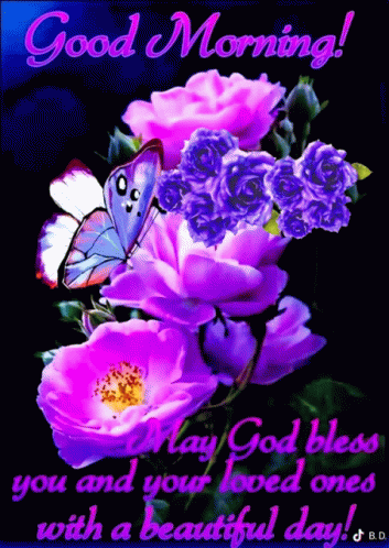 Purple Flowers And Butterfly May God Bless You GIF