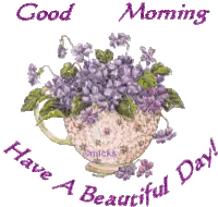 Purple Flowers in Tea Cup Good Morning