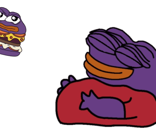 Purple Frog Holding Cat and Purple Hamburger