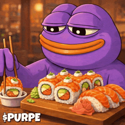 Purple Frog Holding Chopsticks Over Sushi Rolls GIF