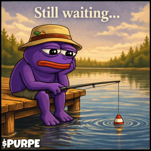 Purple Frog Holding Fishing Rod Still Waiting GIF