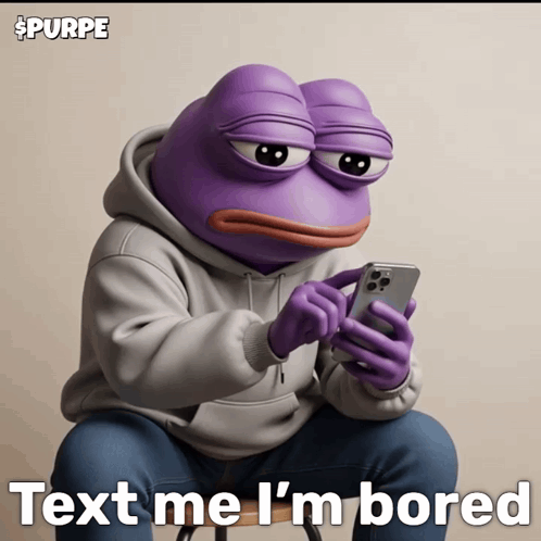 Purple Frog Sitting On Stool Looking At Phone Saying Me I'm Bored GIF