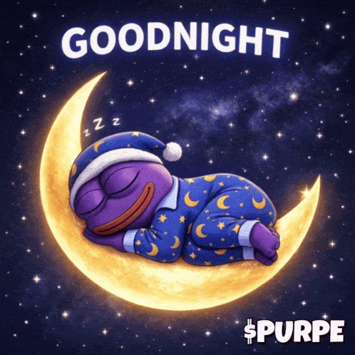 Purple Frog Sleeping on Crescent Moon Goodnight Purpe