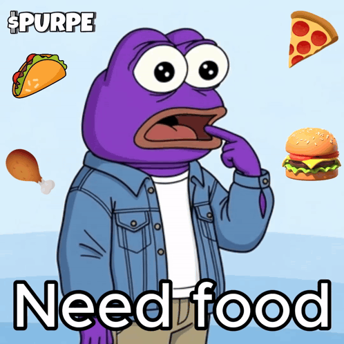 Purple Frog Surrounded by Food Saying Need Food