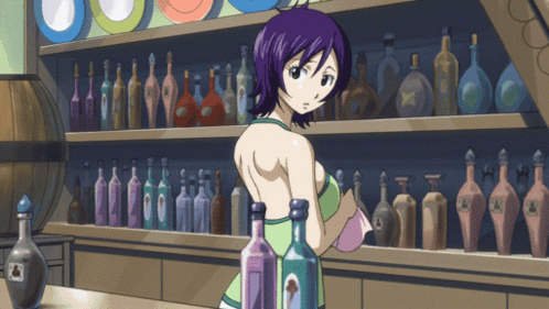Purple Hair Girl Before Shelf of Bottles with A