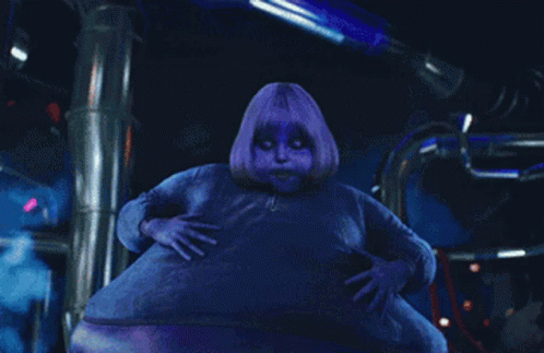 Purple Hair Girl Dark Room Hands on Hips