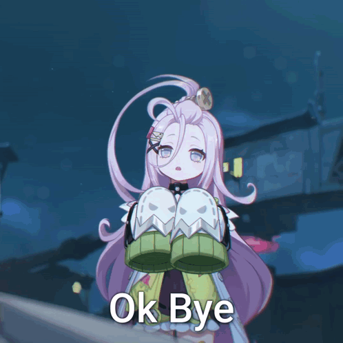 Purple Hair Girl Holding Ghost Shoes Saying Ok Bye