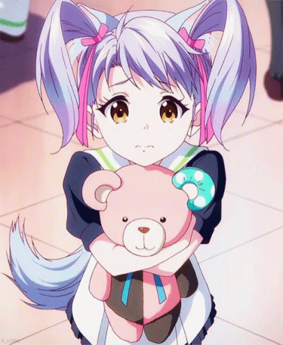 Purple Hair Girl Holding Pink Teddy Bear And Donut GIF