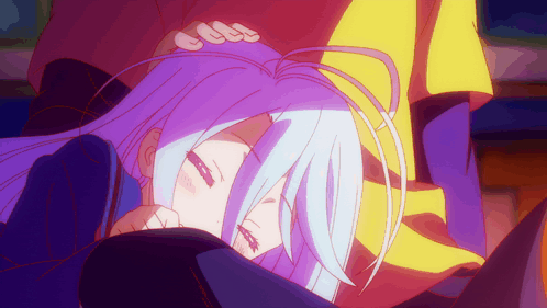 Purple Hair Girl Laying Down, Man Holding Head