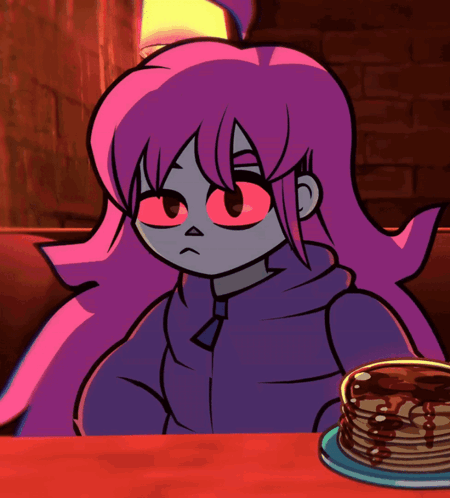 Purple Hair Girl With Red Eyes and Pancakes