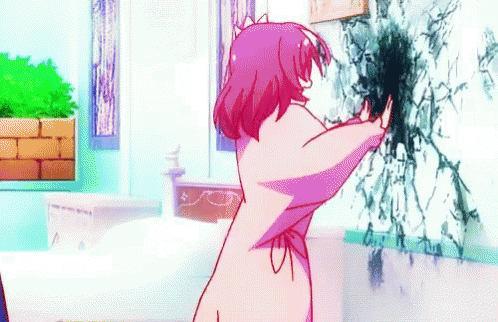 Purple Hair Red Eyes Girl Looking at Camera