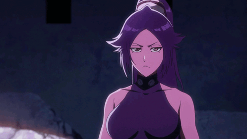 Purple Haired Anime Character With Ponytail Looking at Camera