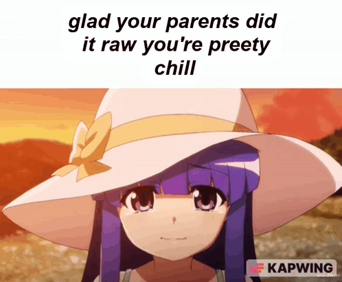 Purple Haired Anime Girl With White Hat Glad Your Parents Did It Raw You're Pretty Chill GIF