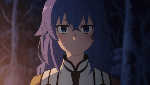 Purple-Haired Blue-Eyed Girl Hands on Chest