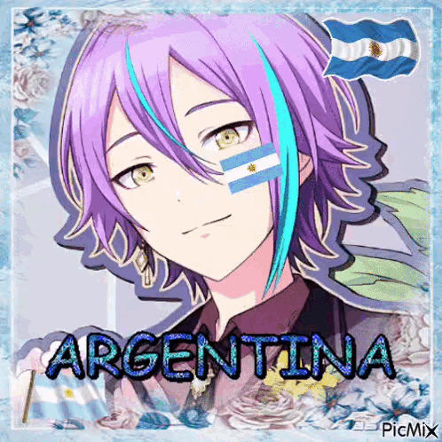 Purple-Haired Boy With Argentina Flag and Blue Streaks