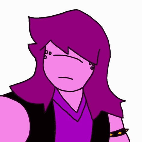 Purple Haired Cartoon Character In Black Vest And Earrings GIF