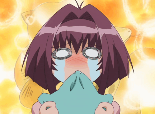 Purple-Haired Girl Crying Covering Mouth With Blue Cloth