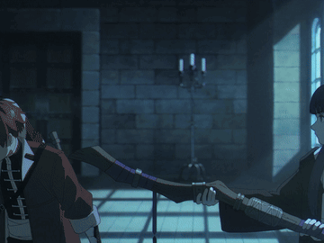 Purple-Haired Girl Holding Cane In Front Of Full Moon GIF