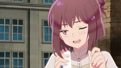 Purple Haired Girl In Front Of Brick Building GIF