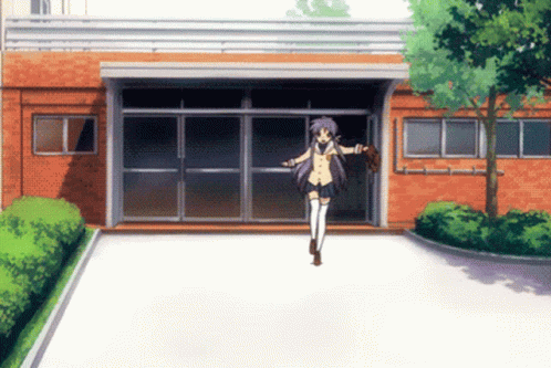 Purple-Haired Girl Running By Orange Building GIF