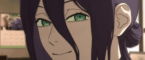 Purple Haired Girl Smiling Man Looks On