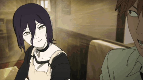Purple-Haired Girl Smiling Man Watching