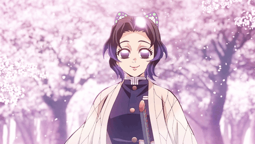 Purple-Haired Girl Standing by Flowering Tree