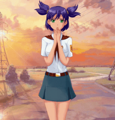 Purple-haired Green-eyed Girl White Shirt and Blue Skirt