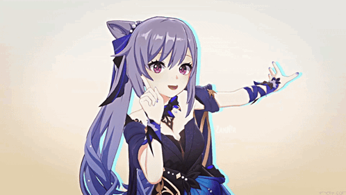 Purple-Haired Red-Eyed Girl In Black Dress And Gloves GIF