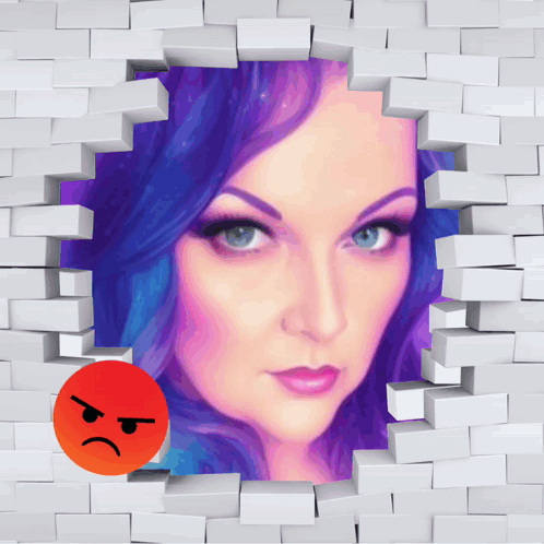 Purple-Haired Woman Behind Brick Wall With Angry Face