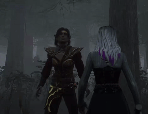 Purple-Haired Woman with Another Woman in Dark Forest