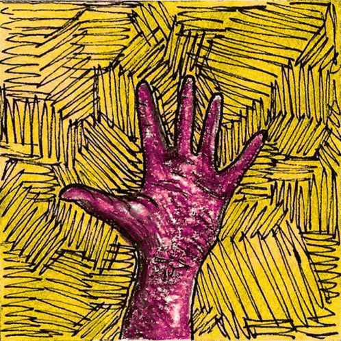 Purple Hand Reaching Up On Yellow Background GIF