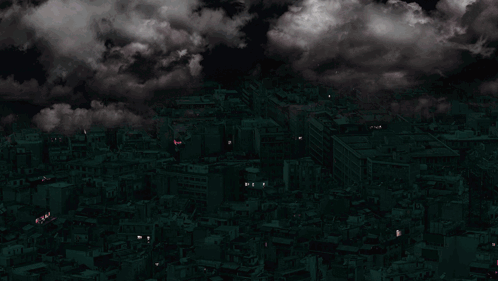 Purple Lightning Strikes Over A City With A Cloudy Sky GIF