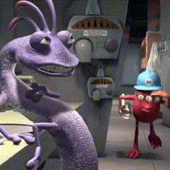 Purple Monster Next to Red Monster in Blue Helmet