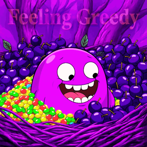 Purple Monster With Cherries and Candy Feeling Greedy