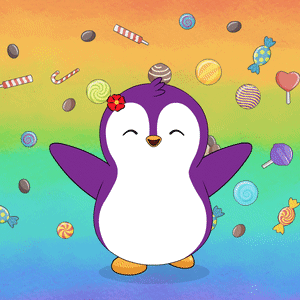 Purple Penguin With Flower Surrounded By Candy GIF