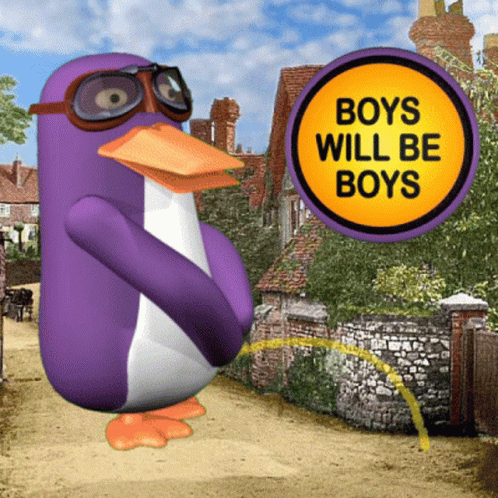 Purple Penguin with Goggles and Boys Will Be Boys Sign