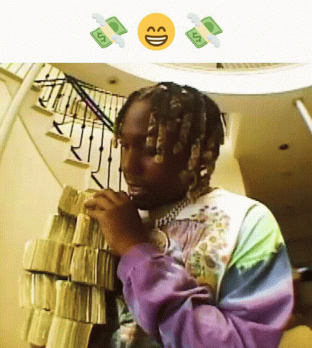 Purple Shirt Man Holding Money Stacks Smiley Face GIF
